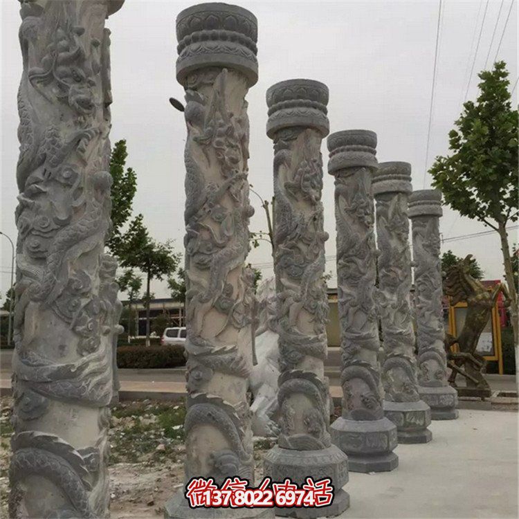 天然大理石浮雕龍盤柱，裝飾園林廣場的精美擺件